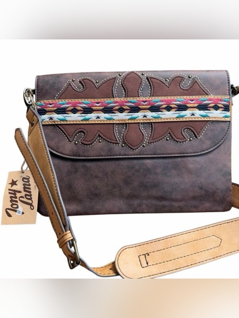Tony Lama Brown Western Crossbody Shoulder Bag with Multicolor Embroidered Trim